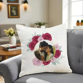 Custom anniversary cushion featuring a couple's photo framed by floral design, perfect sentimental gift for couples and home decoration.